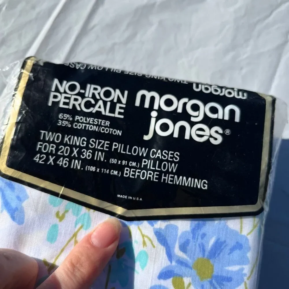 VTG Morgan Jones Blue Floral King Pillowcases NOS No-Iron Percale USA